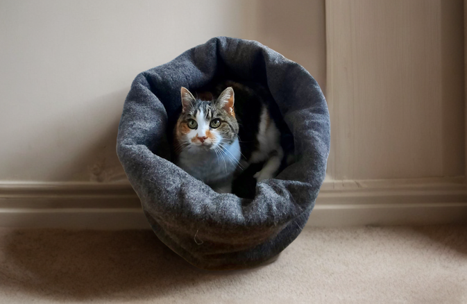 Katzenkörbli & Spieltunnel zugleich  aus Schweizer Schafwollfilz( mit zusätzl. Kuschelmatte in 7 Farben)