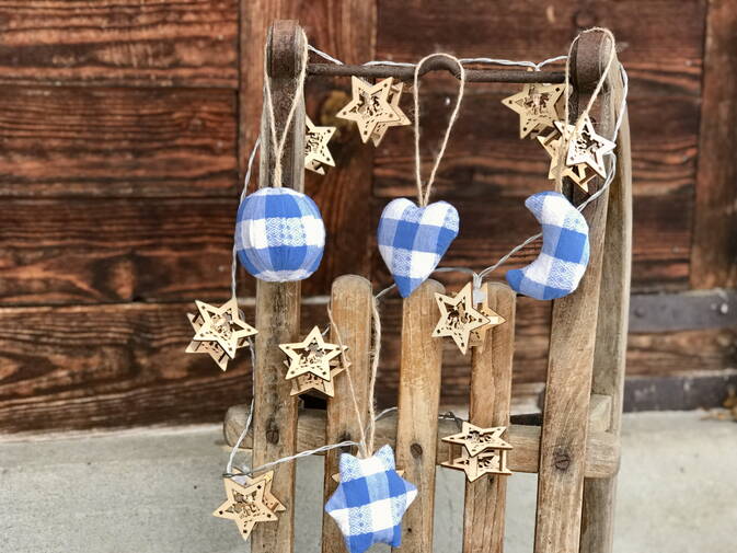 Weihnachtsbaumschmuck gefüllt mit Arvenspänen, Set blau weiss karriert Weihnachtsbaumschmuck gefüllt mit Arvenspänen, Set blau weiss karriert