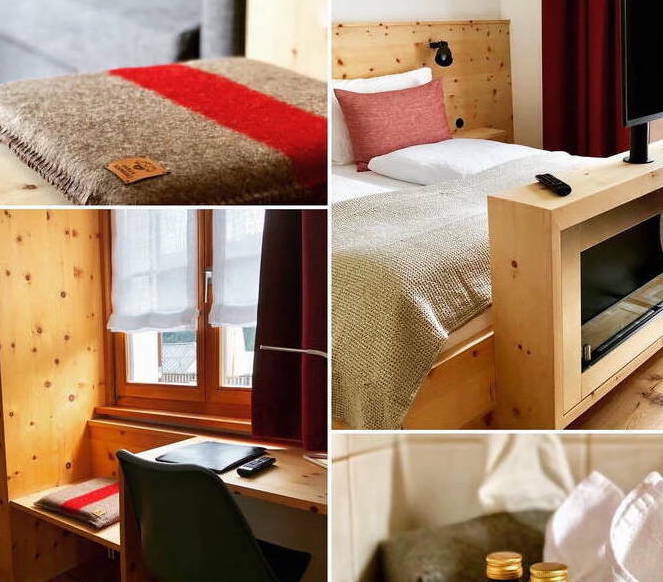 Kissen aus Militärdeck, Hotel Schrotts Alvertern, Ardez Kissen aus Militärdeck, Hotel Schrotts Alvertern, Ardez